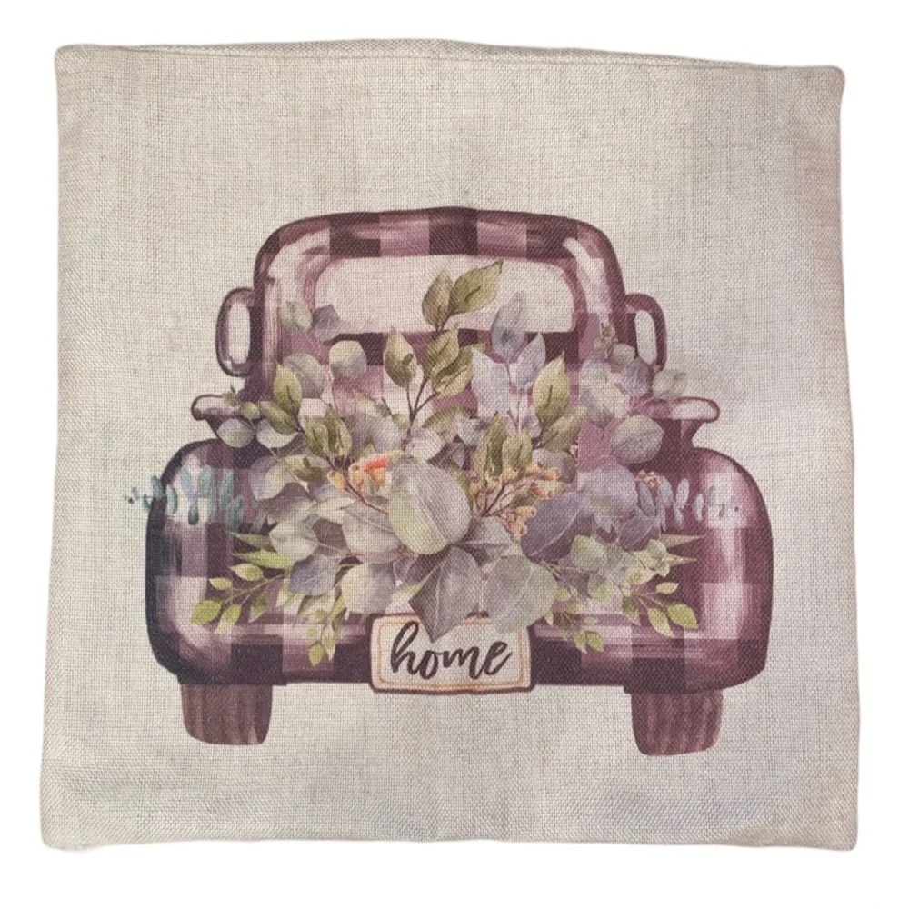 FARMHOUSE STYLE Decorative Pillow Cover Truck Plaid & Floral Pattern-BGE/PUR/GRN
